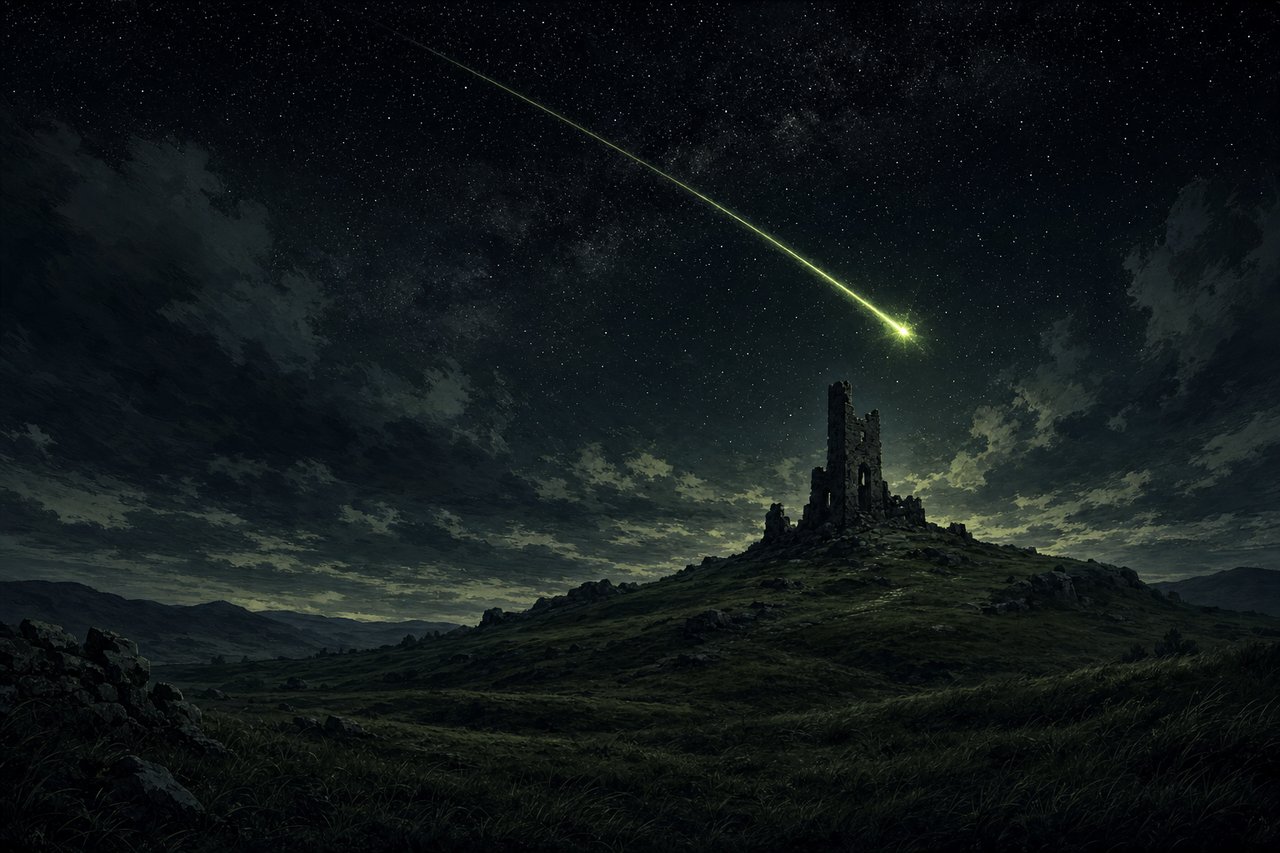 A falling star leaves a green streak over dark hills toward a ruined tower at night