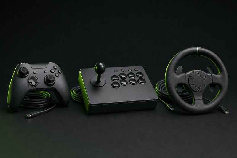 A gamepad, an arcade fight stick and a racing wheel rim on a dark surface