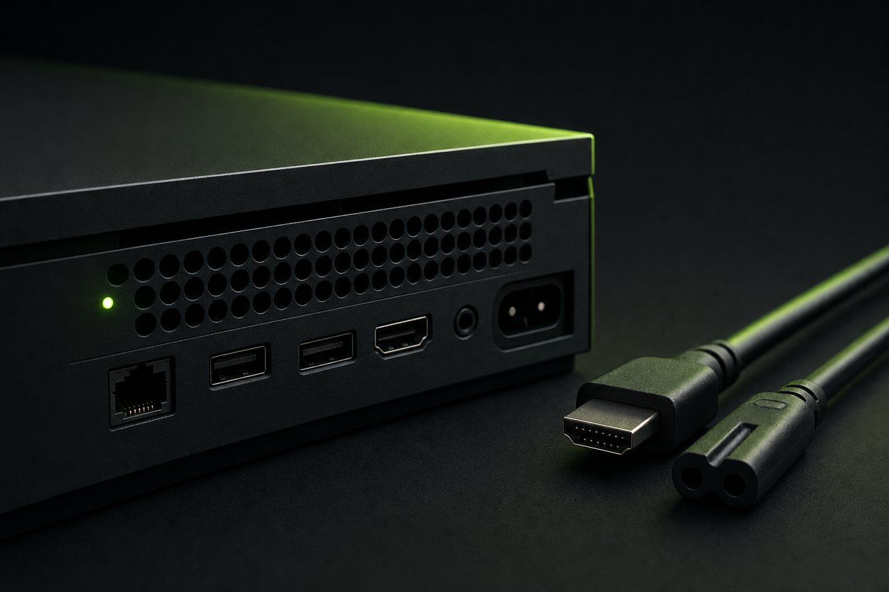 The rear ports of a game console with unplugged cables and a single green status light
