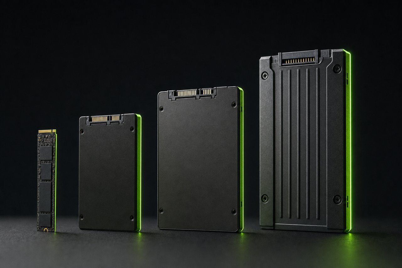 Internal SSD drives stacked like a bar chart on a dark surface, edges traced by green light