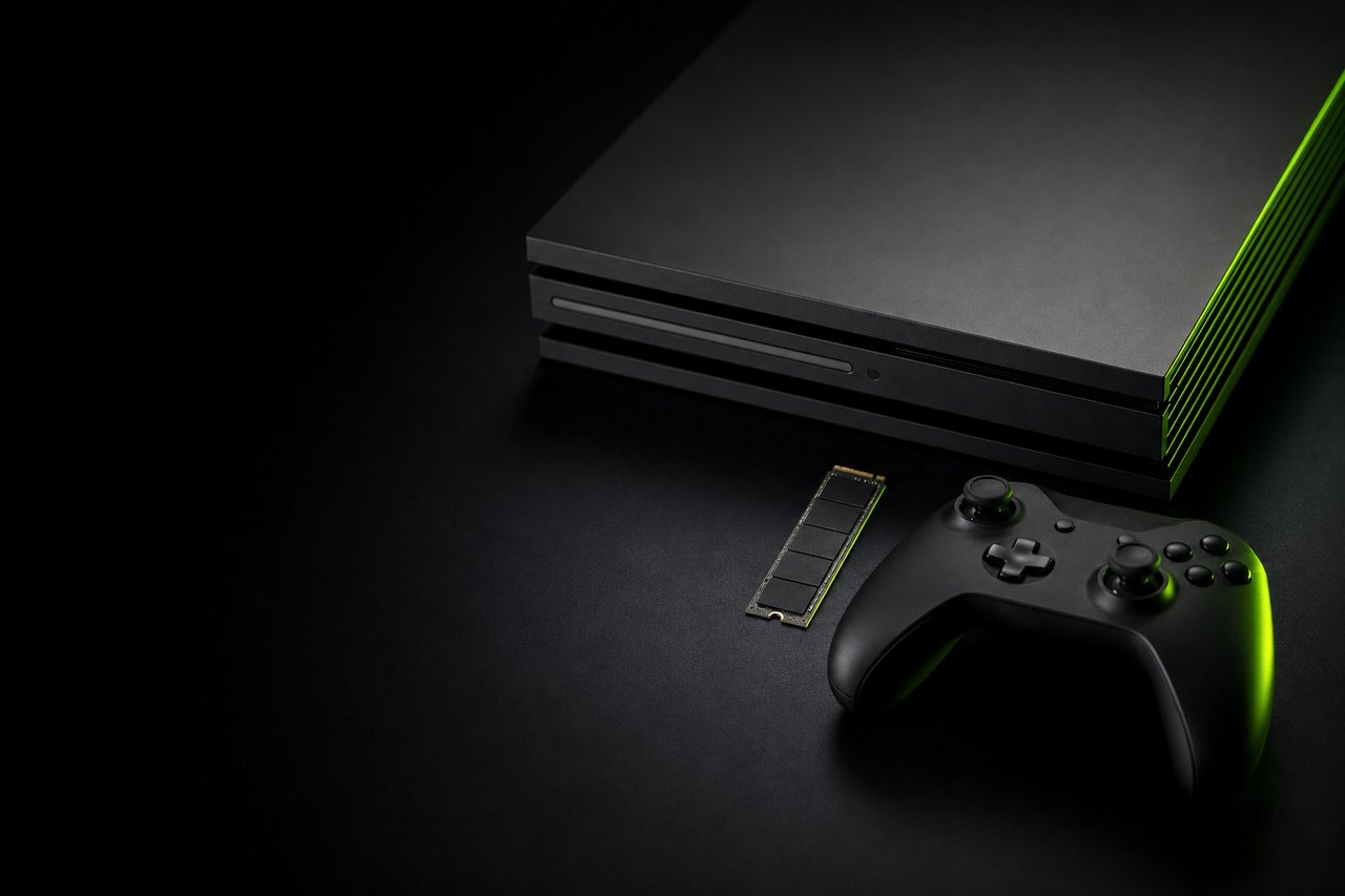 A game console, a bare M.2 SSD and a controller laid out on a dark surface under a single green rim light