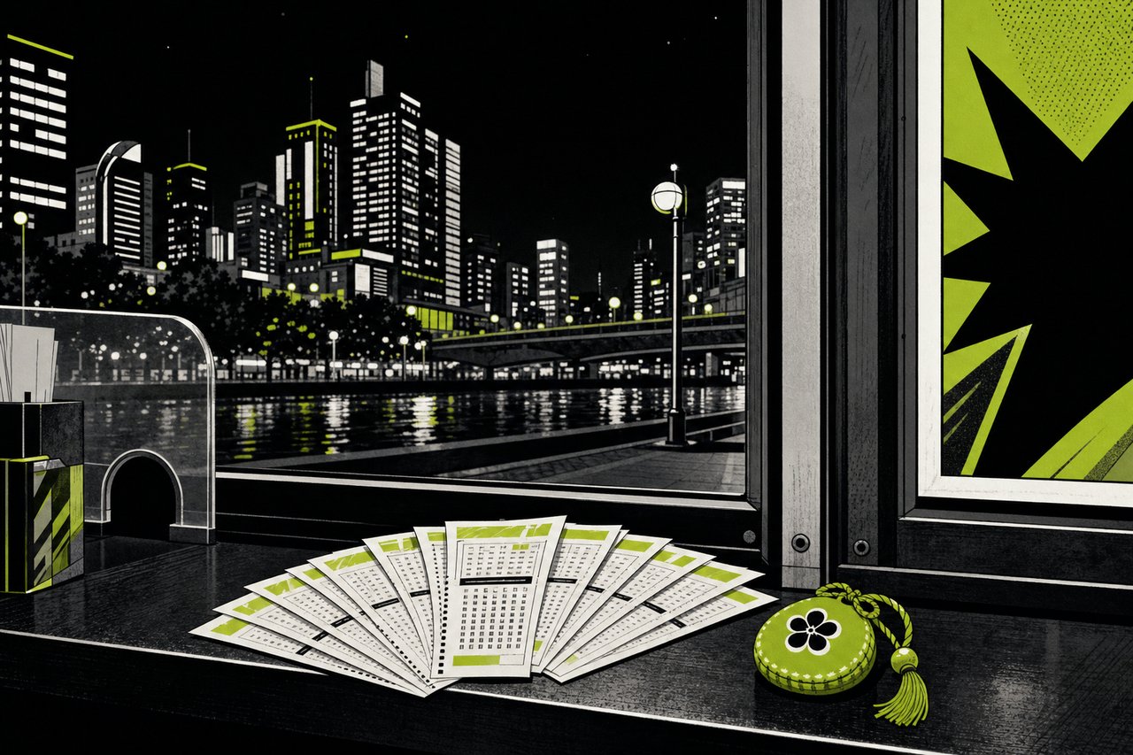 A night-time city ticket booth with lottery tickets fanned on the counter and a small lucky charm