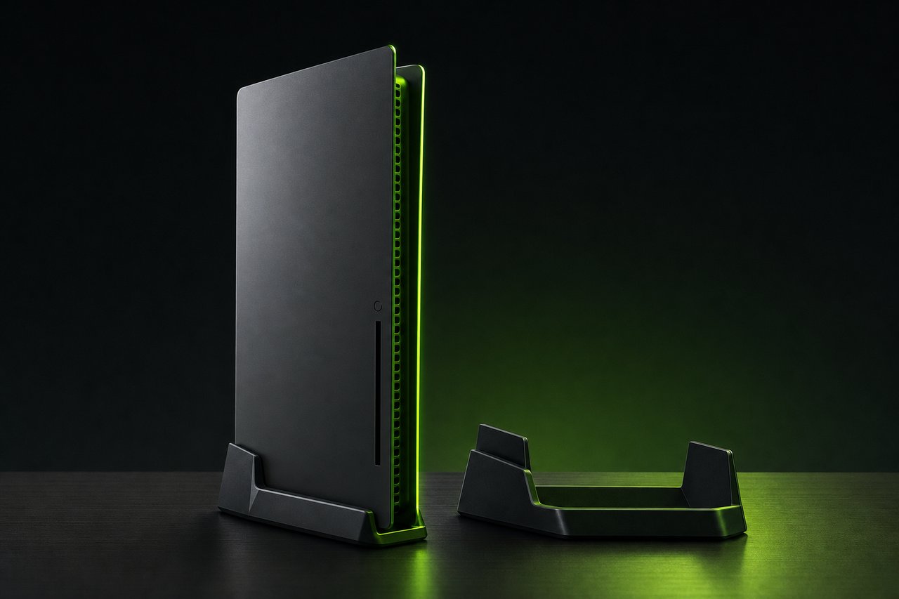 A slim game console standing upright in a vertical stand on a dark desk, a second stand empty beside it