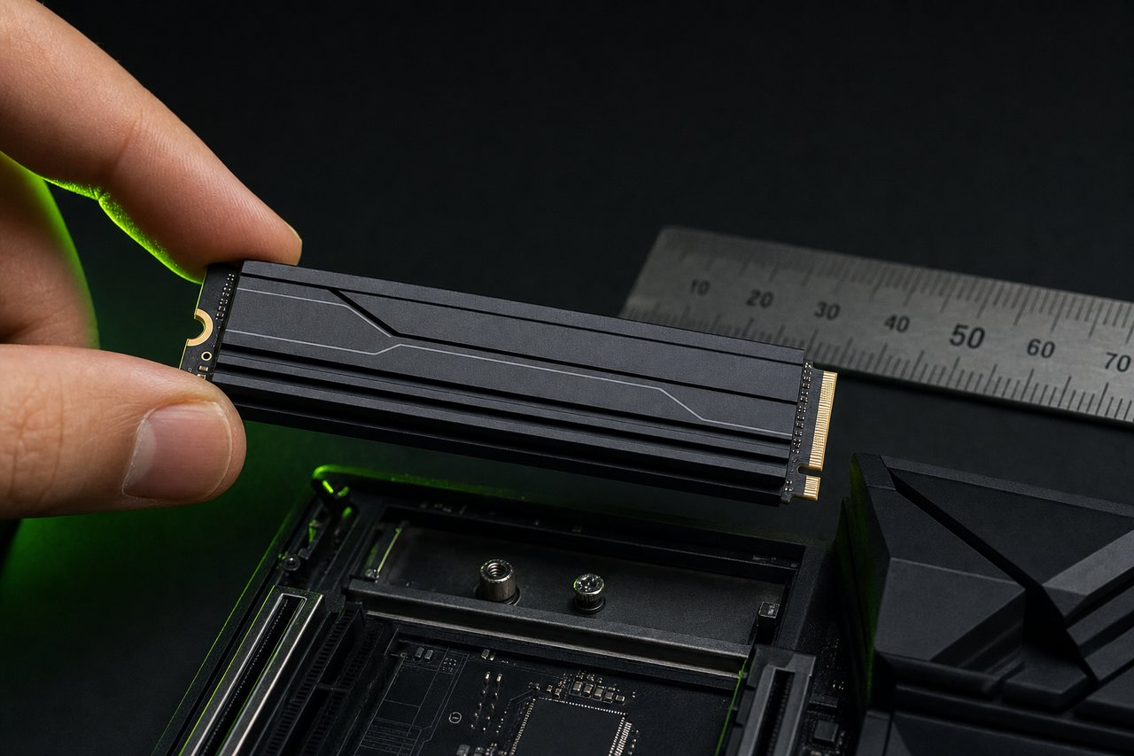 An M.2 SSD with a slim heatsink held above an open expansion bay, a steel ruler behind it
